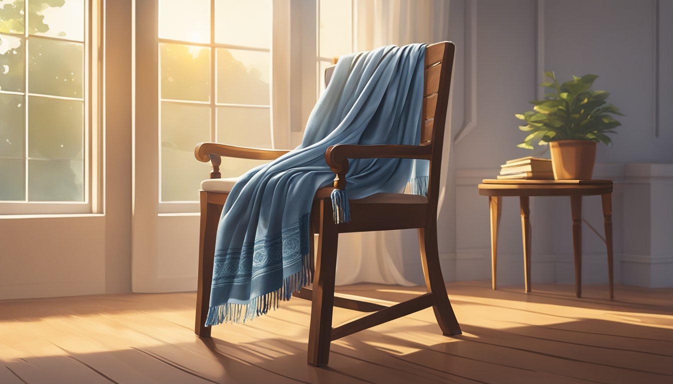 A branded scarf draped over a rustic wooden chair, with soft sunlight filtering through a nearby window, casting a warm glow on the fabric