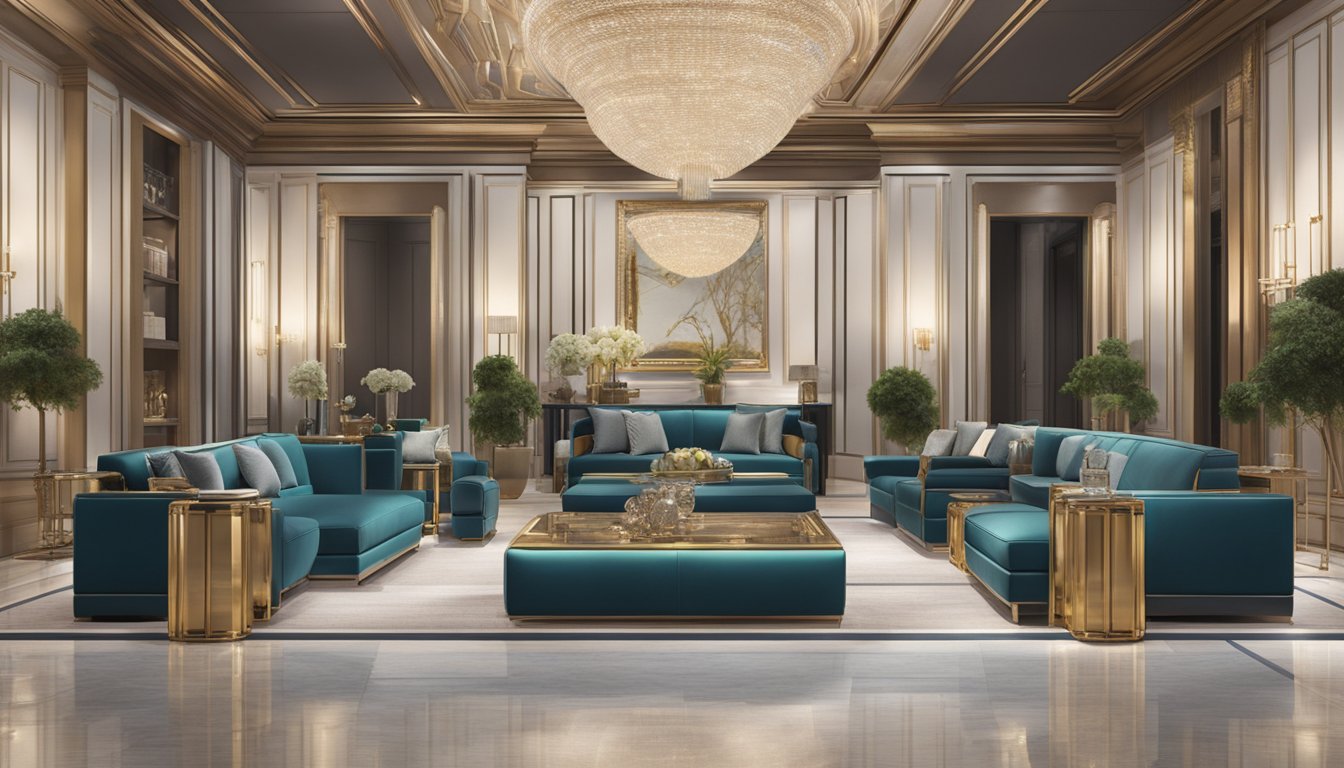 A display of iconic luxury wallet brands, featuring sleek designs and high-quality materials, set against a backdrop of opulent and sophisticated surroundings
