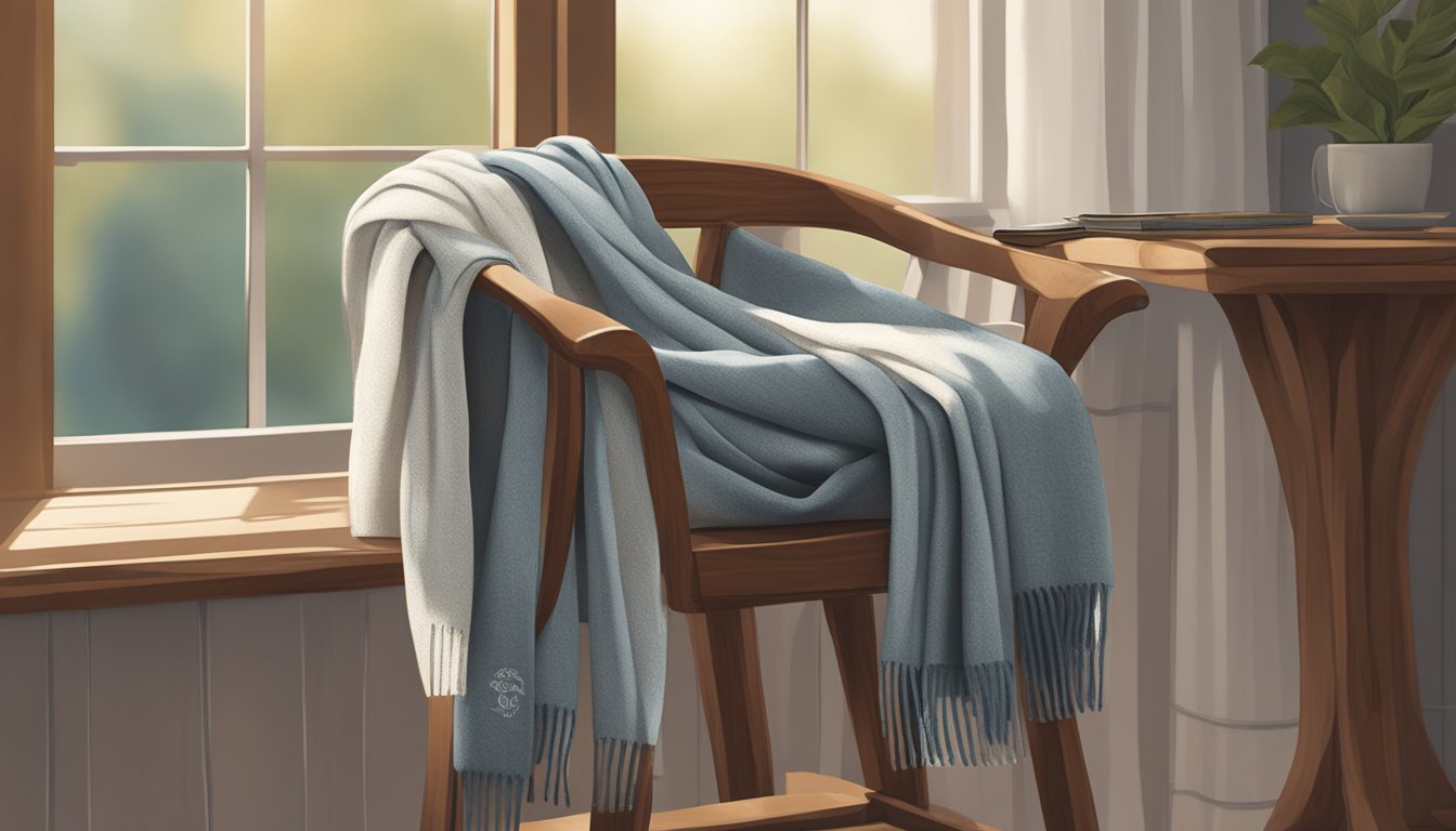 A cozy Material Matters branded scarf draped over a rustic wooden chair, with soft natural light streaming in from a nearby window