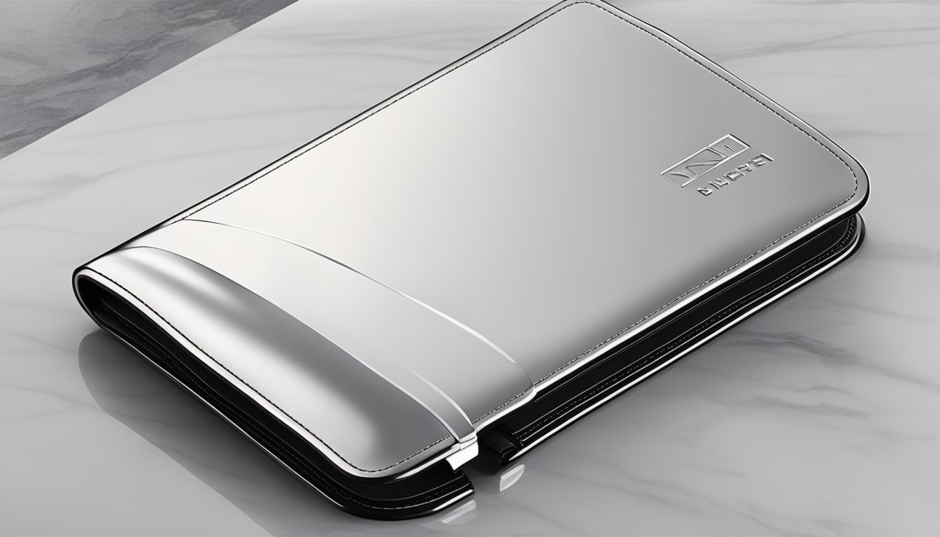 A sleek, black leather wallet sits on a marble countertop, catching the light with its polished metal logo. The minimalist design exudes sophistication and luxury