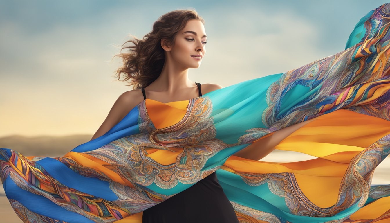 A vibrant, patterned scarf billows in the wind, catching the light to reveal intricate details and bold colors