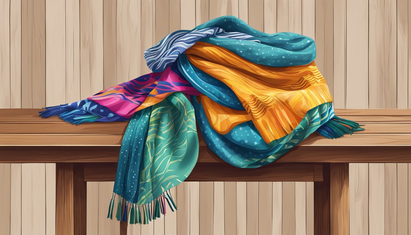 A colorful Styling with Scarves branded scarf drapes over a wooden table, with vibrant patterns and tassels