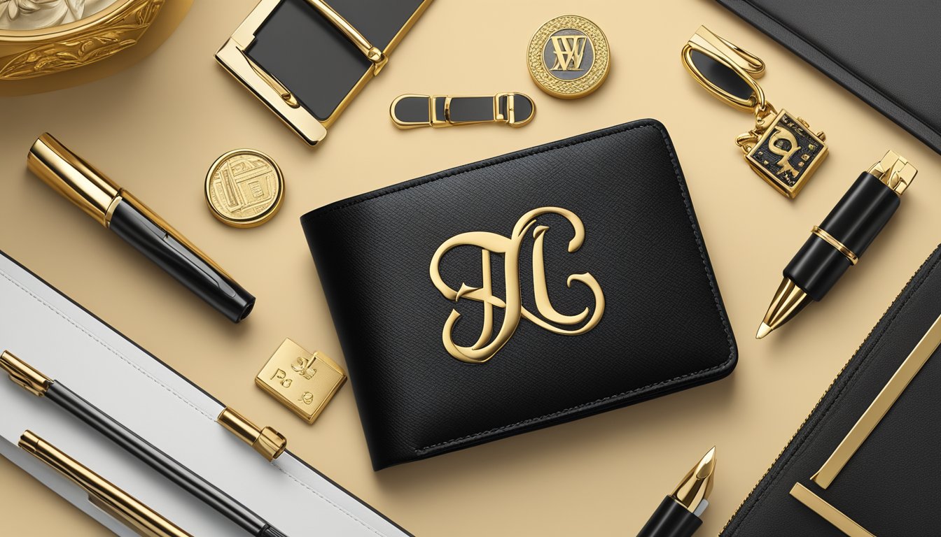 A sleek, black leather wallet with gold embossed initials, surrounded by vibrant, high-end accessories and a sophisticated color palette