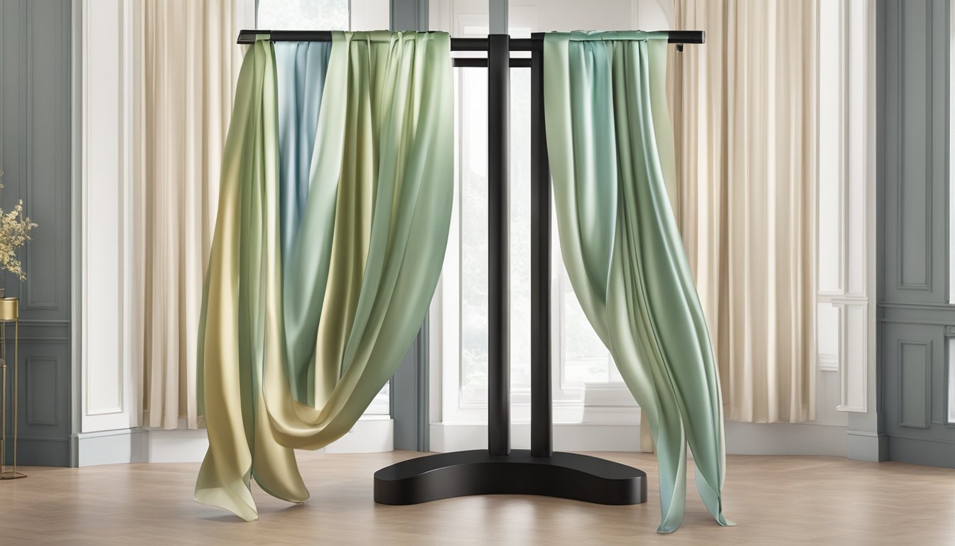 A luxurious Elegance branded scarf drapes over a sleek display stand, catching the light and showcasing its intricate design and high-quality material