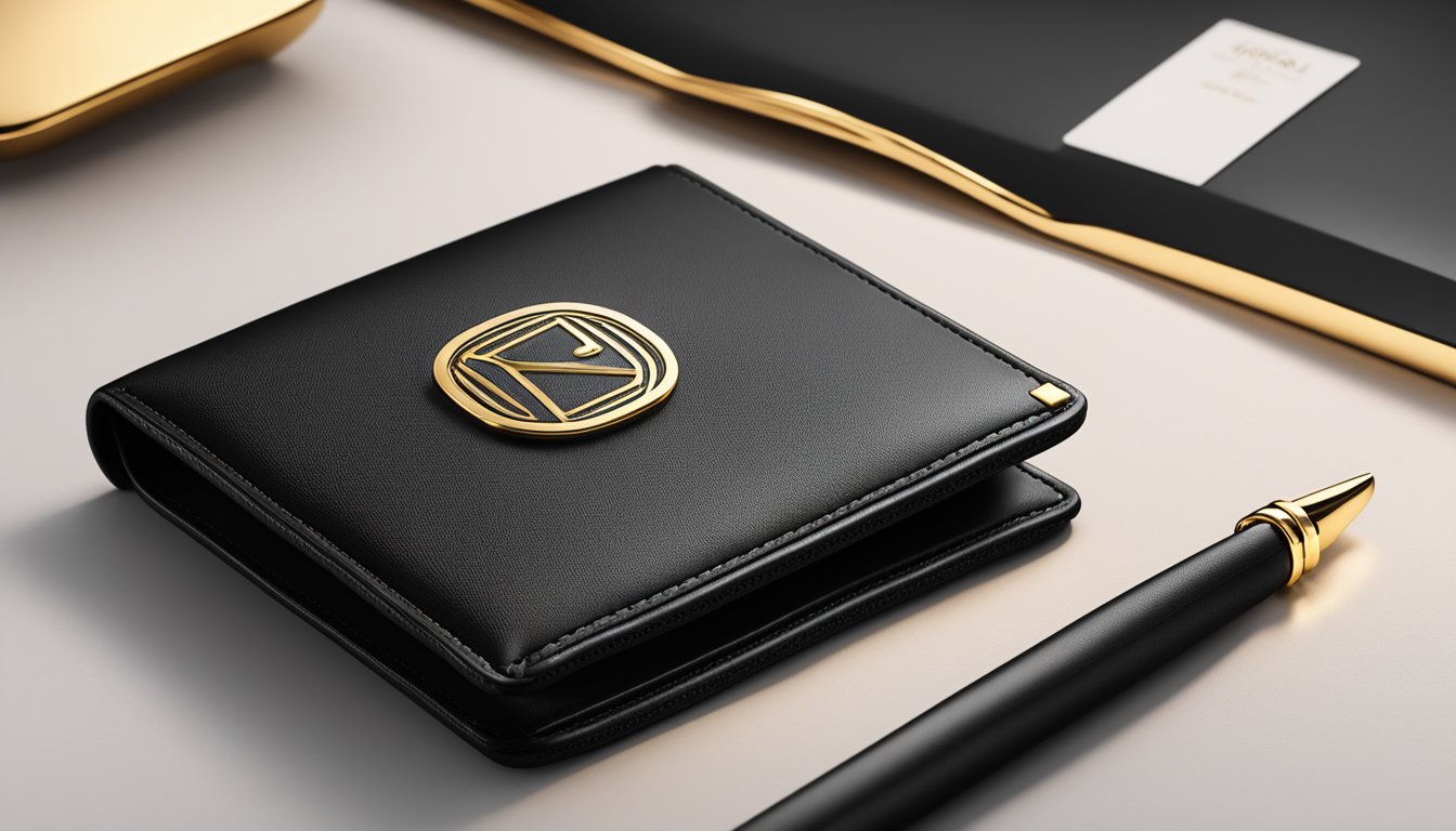 A luxurious wallet brand logo displayed on a sleek, black leather wallet with gold accents, set against a backdrop of opulent, sophisticated surroundings