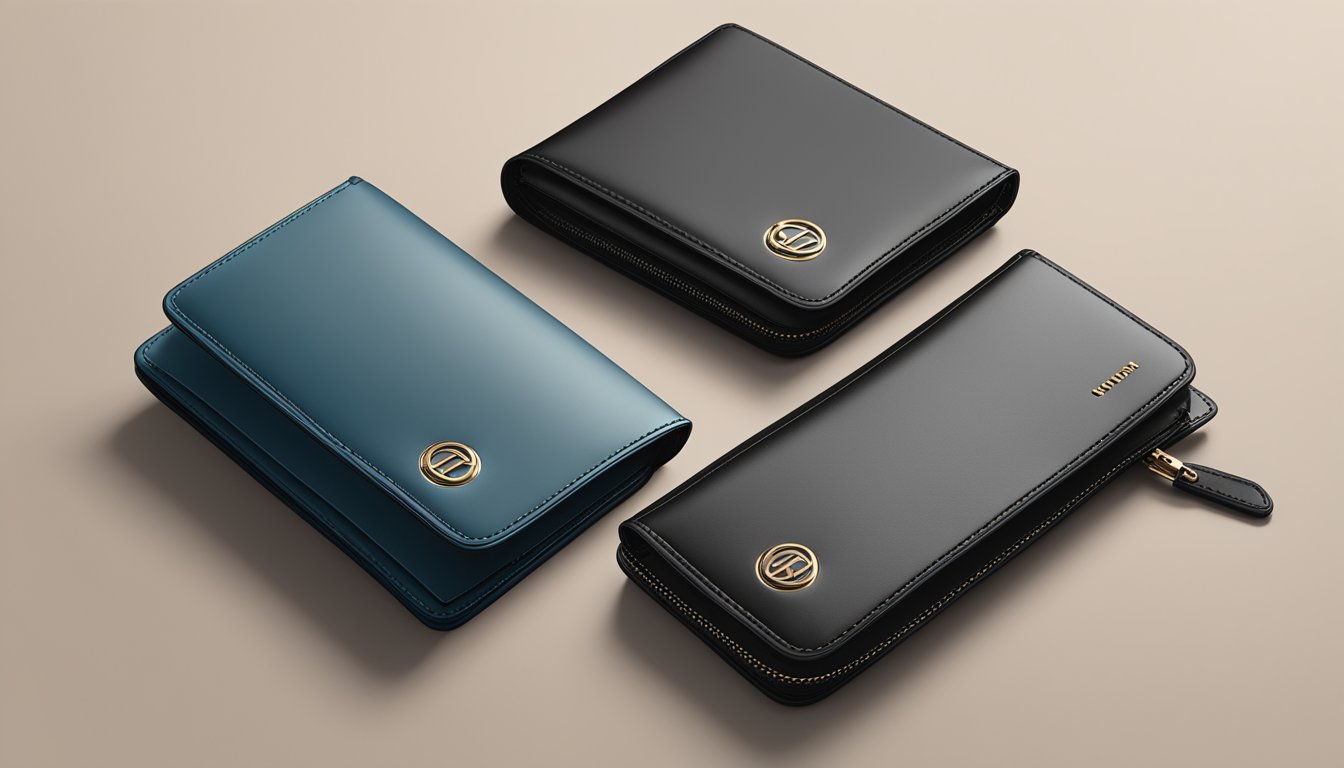 A sleek, high-end wallet displayed against a minimalist backdrop. The brand logo is prominent, and the craftsmanship is evident in the fine details