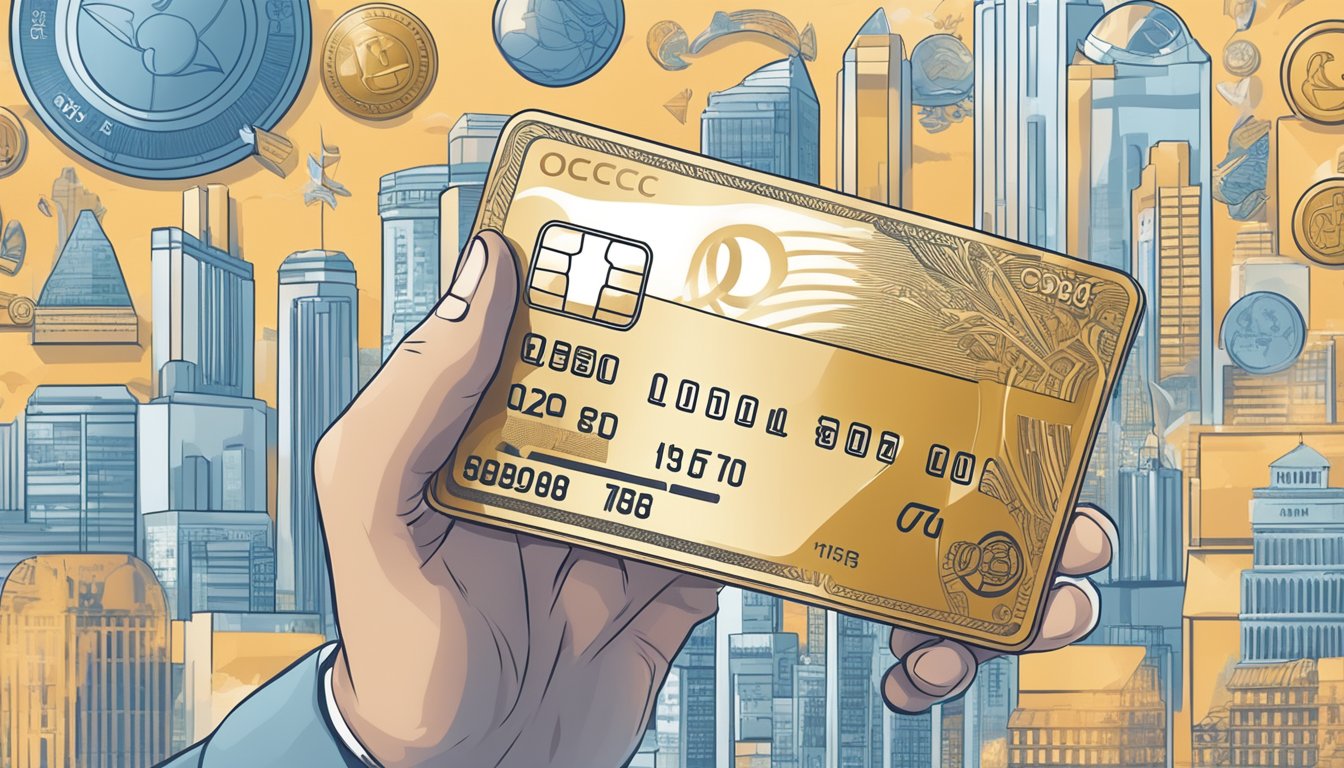 A hand holding an OCBC Platinum Credit Card against a backdrop of financial symbols and icons