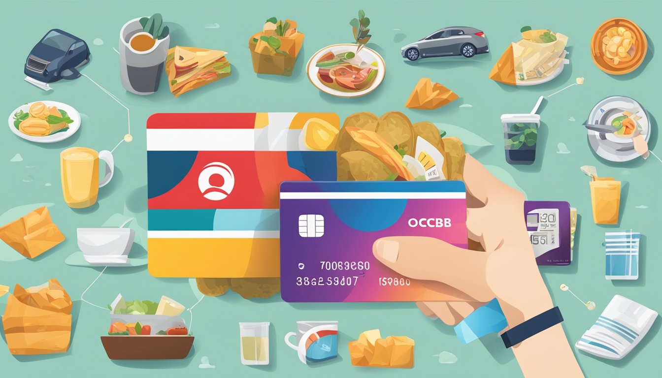 A hand holding an OCBC Platinum Credit Card with various perks surrounding it, such as travel, dining, and shopping symbols