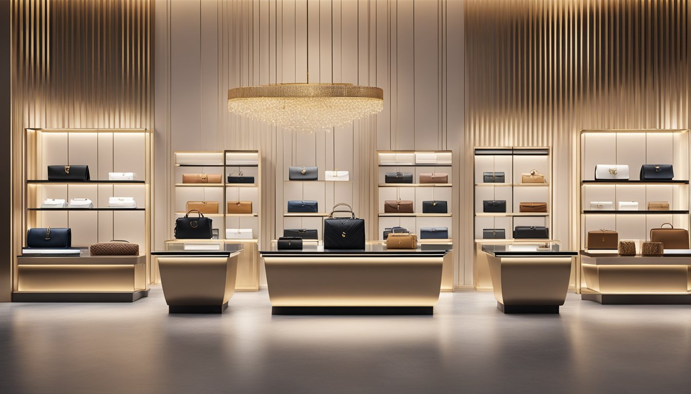 A display of luxury wallet brands arranged on a sleek, modern counter with soft, indirect lighting highlighting their exquisite craftsmanship and elegant designs