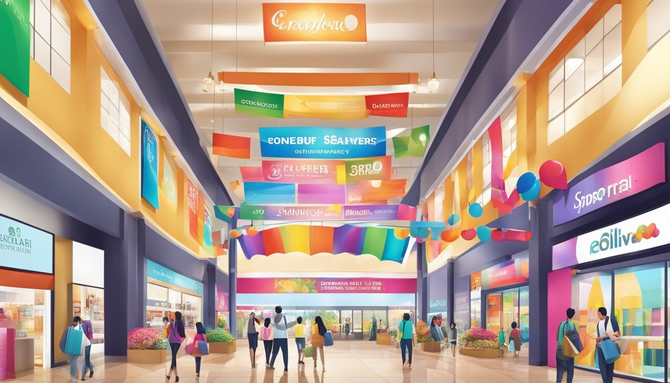 Colorful banners and signs fill the outlet mall in Malaysia, promoting exciting deals and promotions for various brands