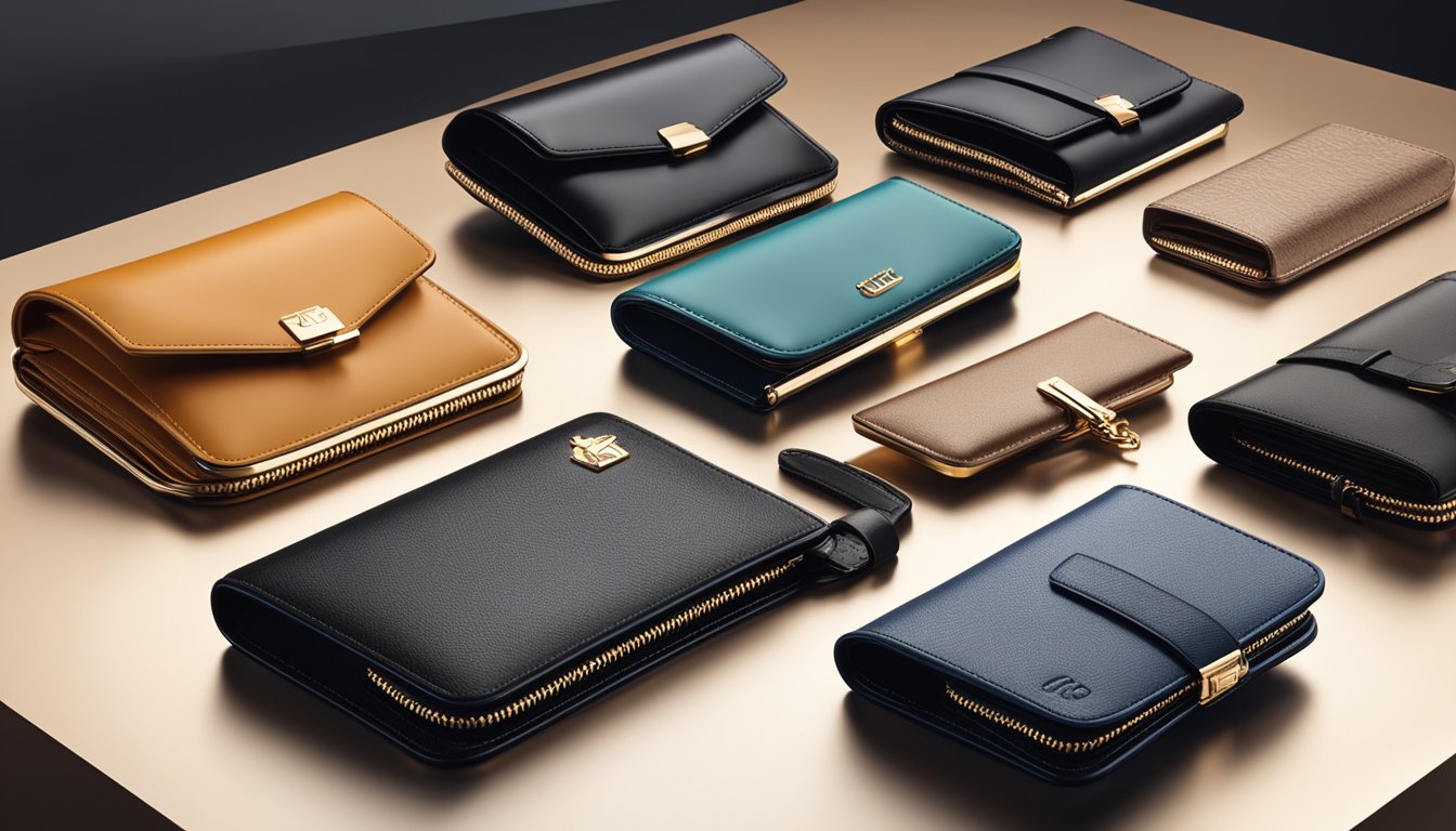 A display of top luxury wallet brands arranged on a sleek, modern counter with soft, ambient lighting highlighting their exquisite craftsmanship and elegant designs