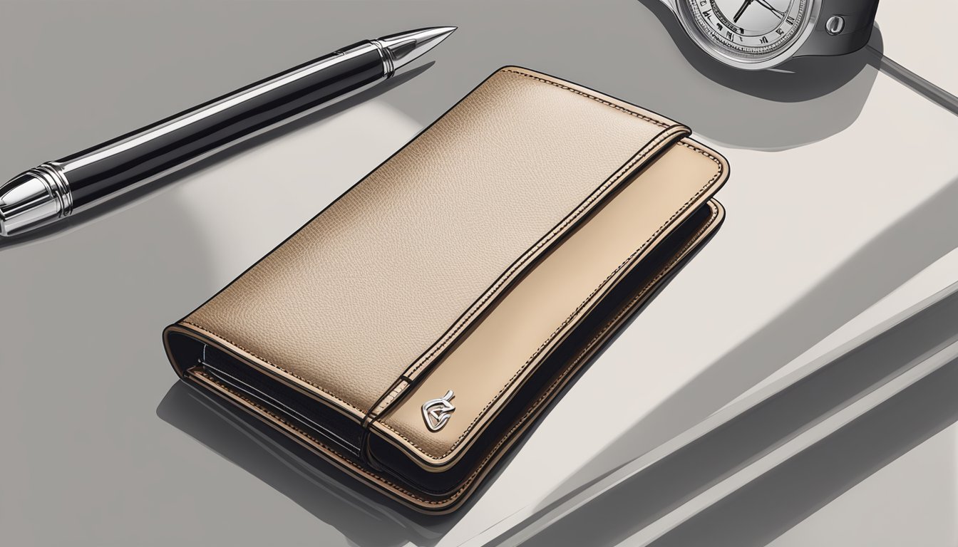A luxury wallet sits on a sleek, modern table. Soft, natural light illuminates the rich leather and intricate stitching, highlighting the brand's logo