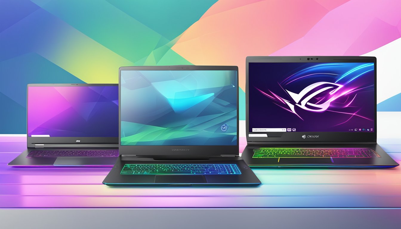 A lineup of sleek gaming laptops with prominent price tags and value for money branding