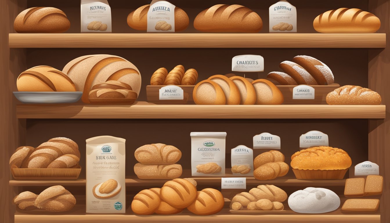 A variety of bread brands displayed on a wooden shelf in a bakery
