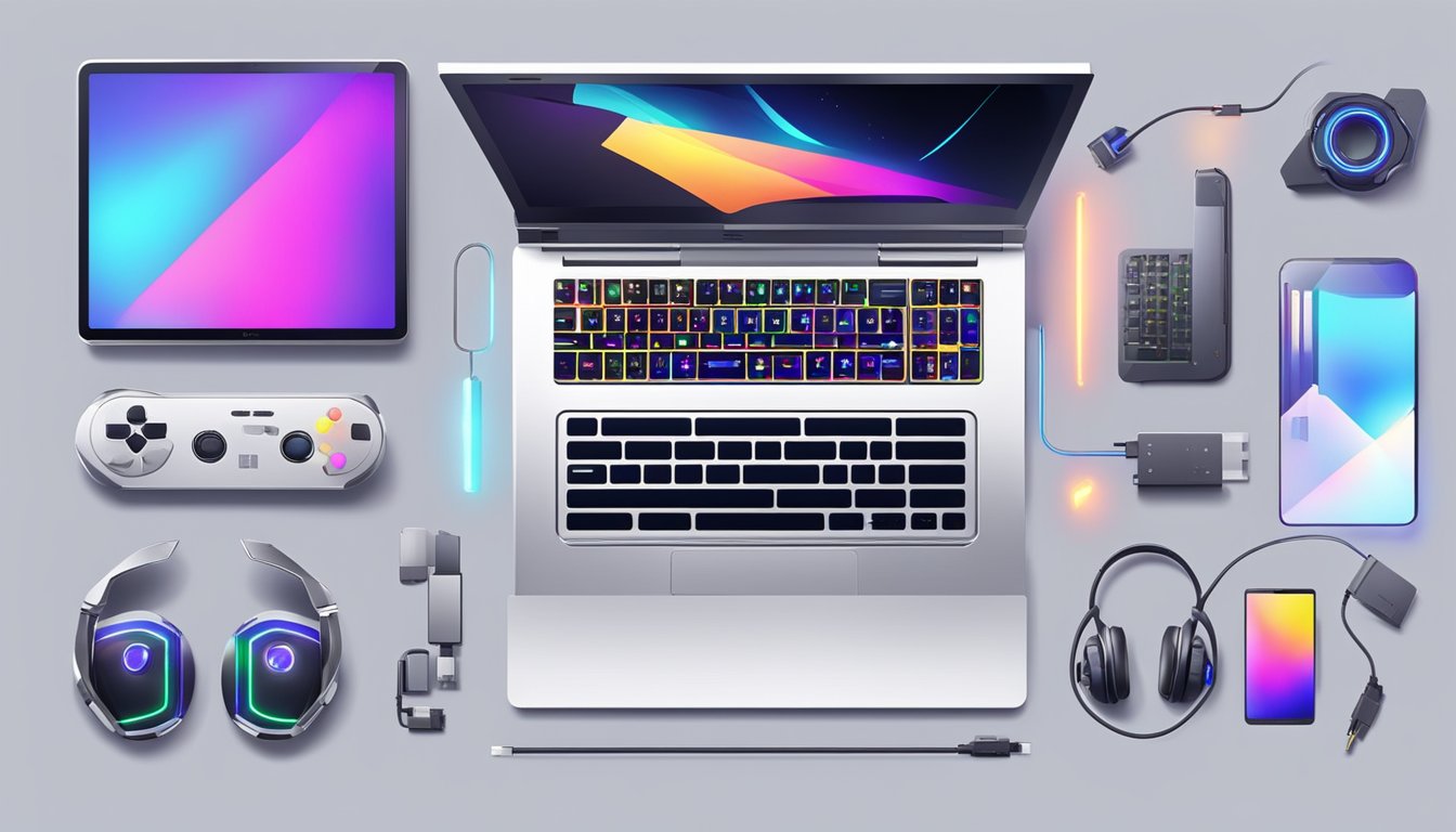 A sleek gaming laptop surrounded by futuristic gadgets and cutting-edge technology. The laptop is illuminated with vibrant LED lights and features advanced hardware components