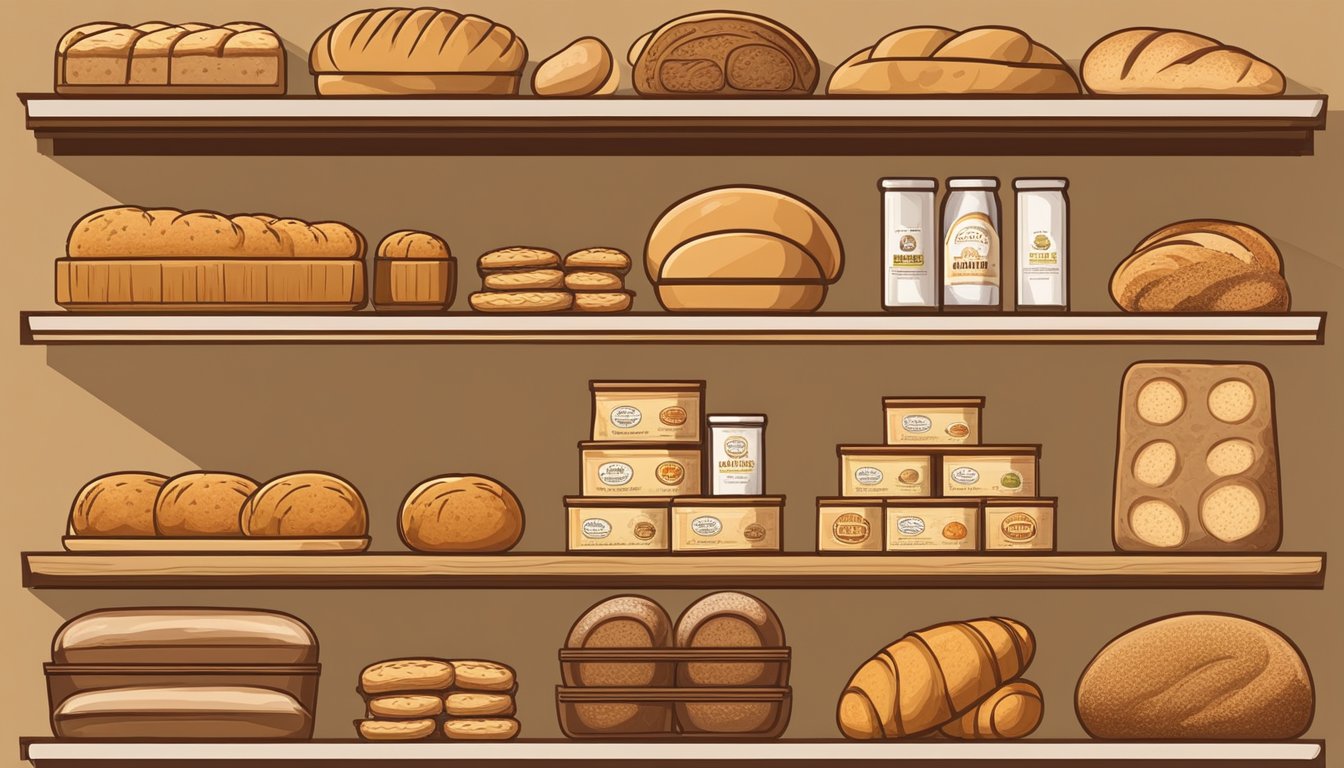 Various bread brands throughout history displayed on shelves, from ancient to modern, showcasing the evolution of bread packaging and logos