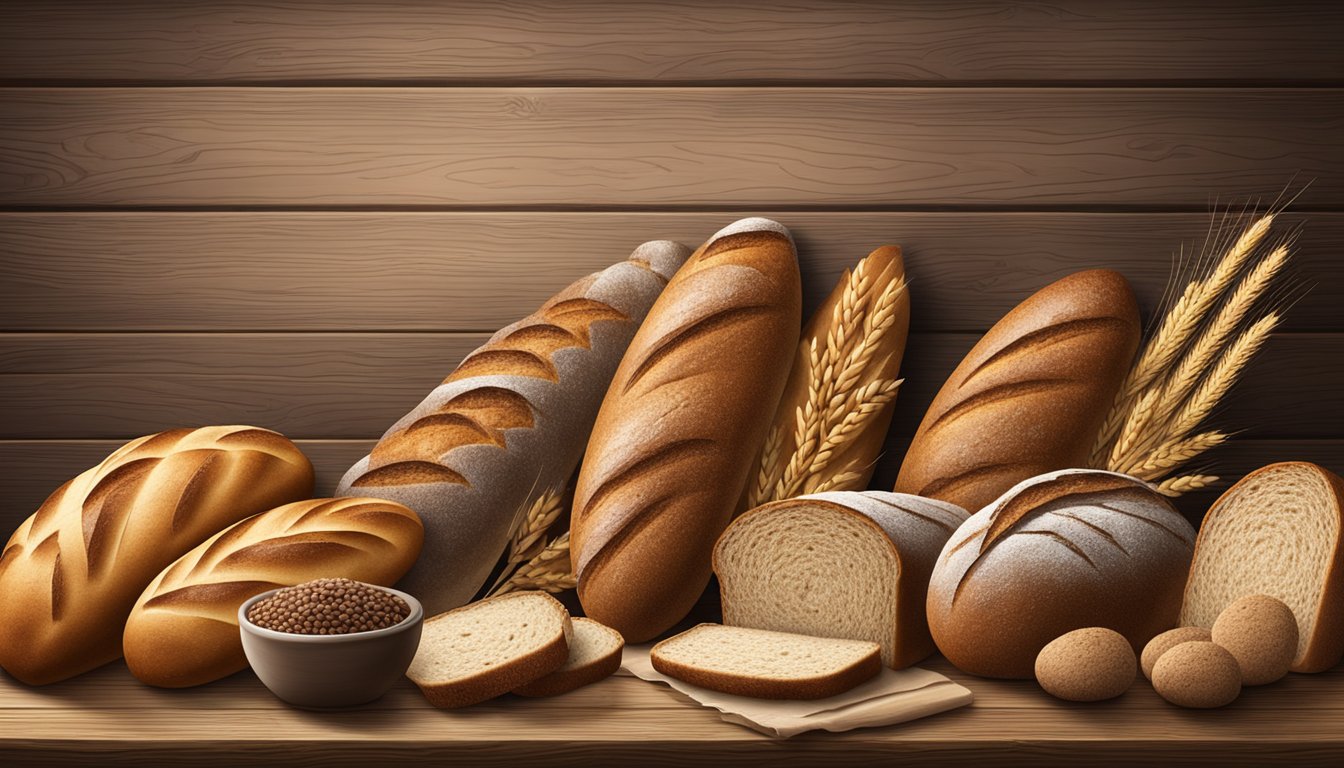 A variety of bread loaves and grains displayed on a wooden table with rustic background