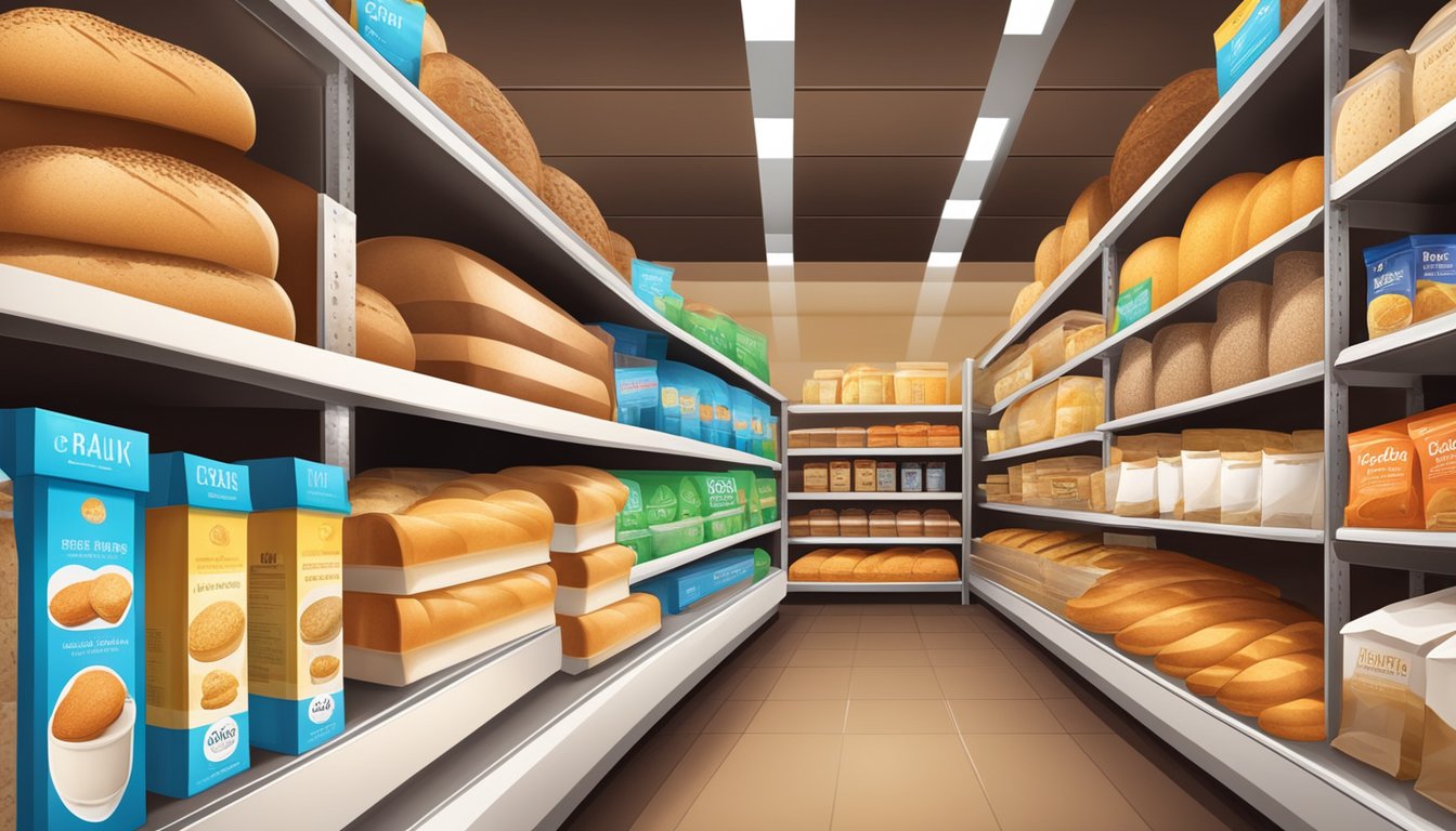 A variety of bread brands displayed on shelves with colorful packaging and nutritional information labels