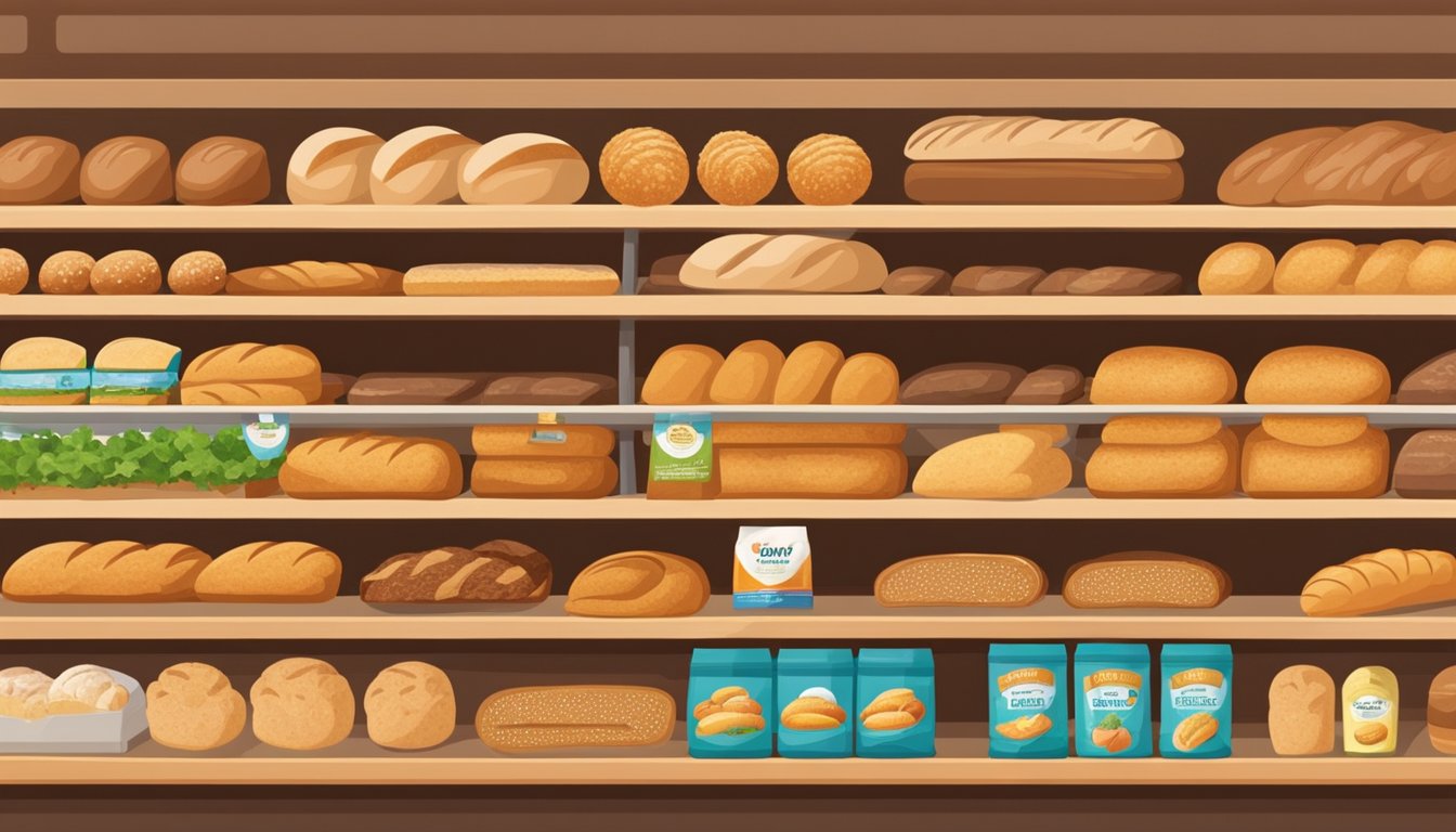Various bread brands from around the world displayed on shelves in a grocery store. Different types of bread in colorful packaging