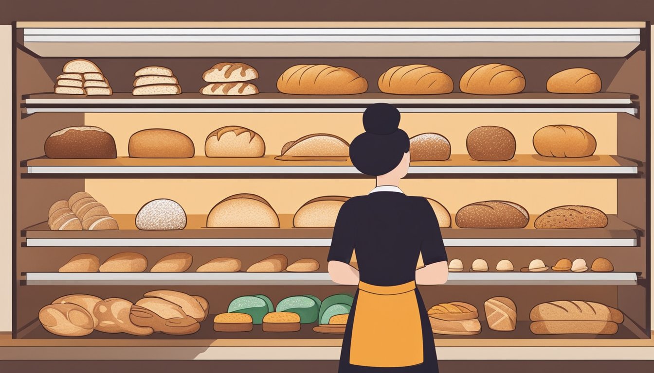 Various bread brands are displayed on shelves. A person is carefully examining the options, comparing labels and textures. The bright, clean packaging stands out against the warm, inviting colors of the bread