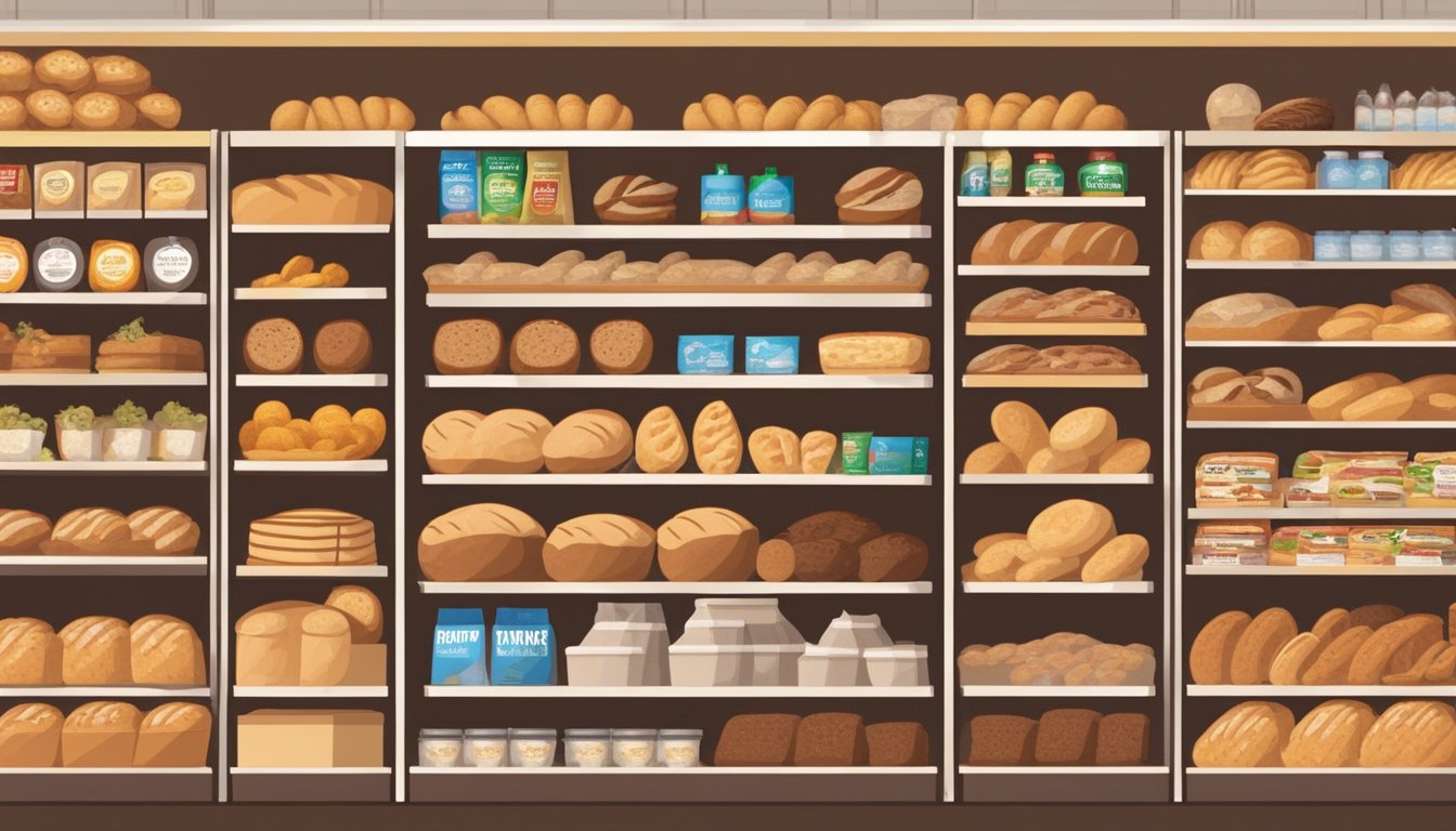 Various bread brands logos displayed on shelves in a grocery store. Customers browsing and comparing products