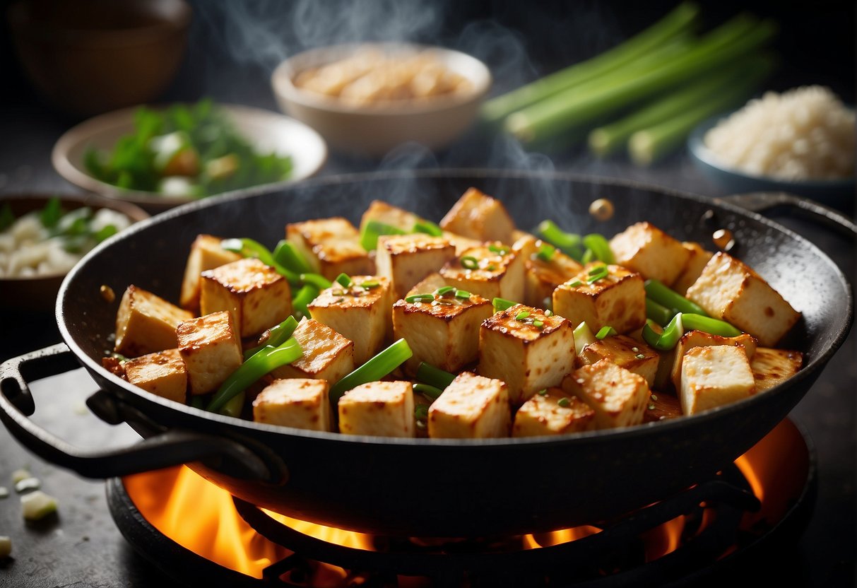 A wok sizzles as tofu cubes are stir-fried with ginger, garlic, and soy sauce. Green onions and chili flakes add color and heat