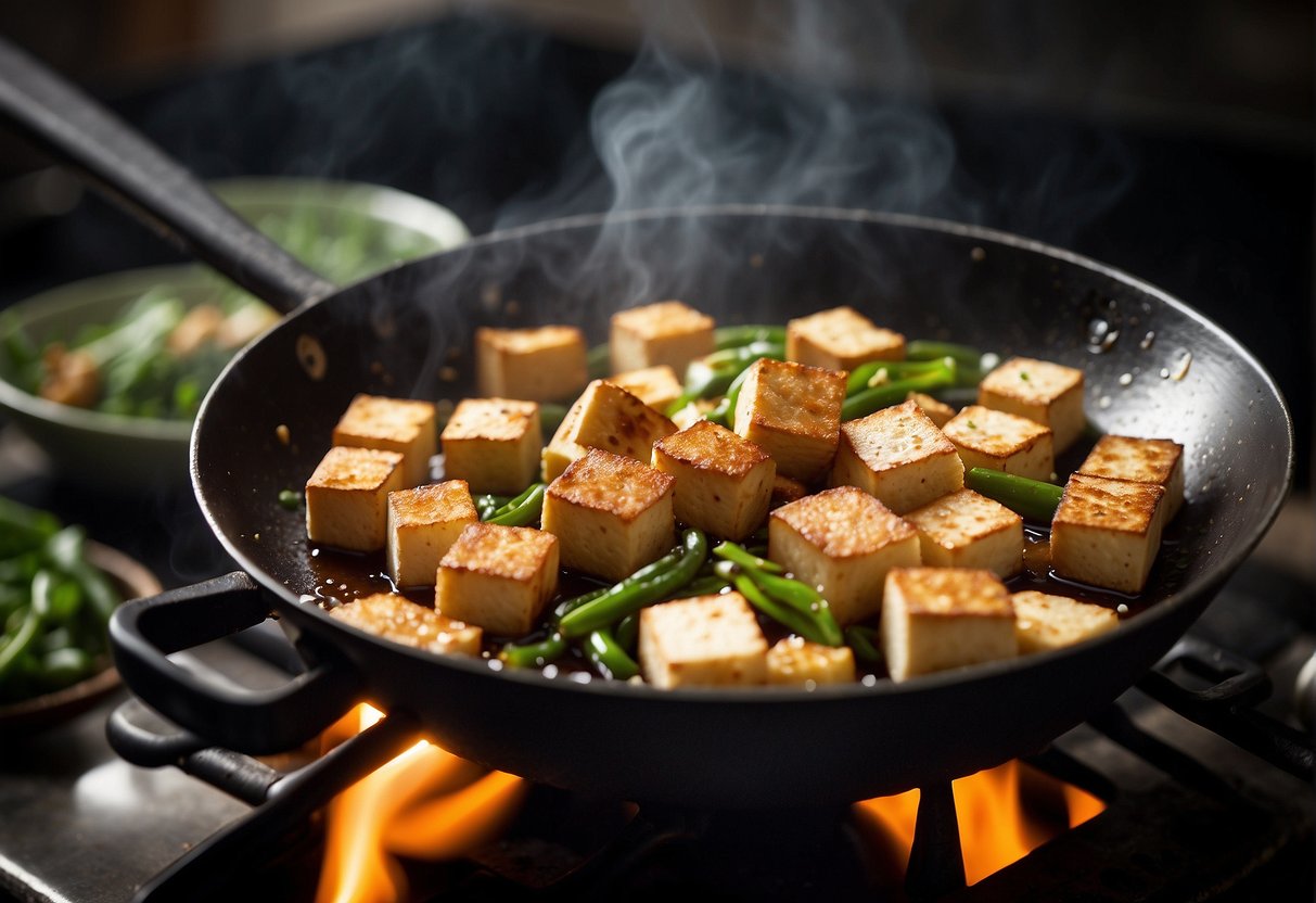 A wok sizzles as tofu cubes are stir-fried with ginger, garlic, and soy sauce. Steam rises from the skillet, filling the kitchen with savory aromas