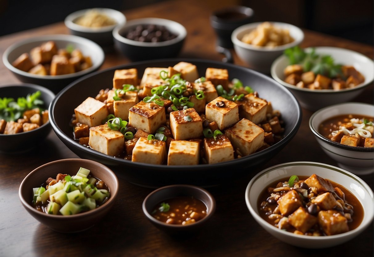 A table filled with various classic Chinese tofu dishes, including mapo tofu, tofu with black bean sauce, and crispy fried tofu