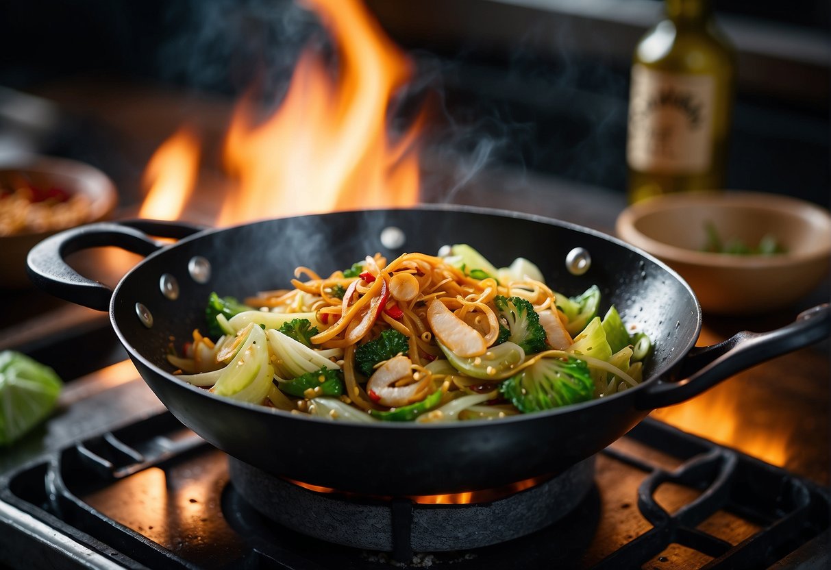 A wok sizzles with stir-fried cabbage, garlic, and soy sauce. Ginger and chili peppers add a spicy aroma to the kitchen
