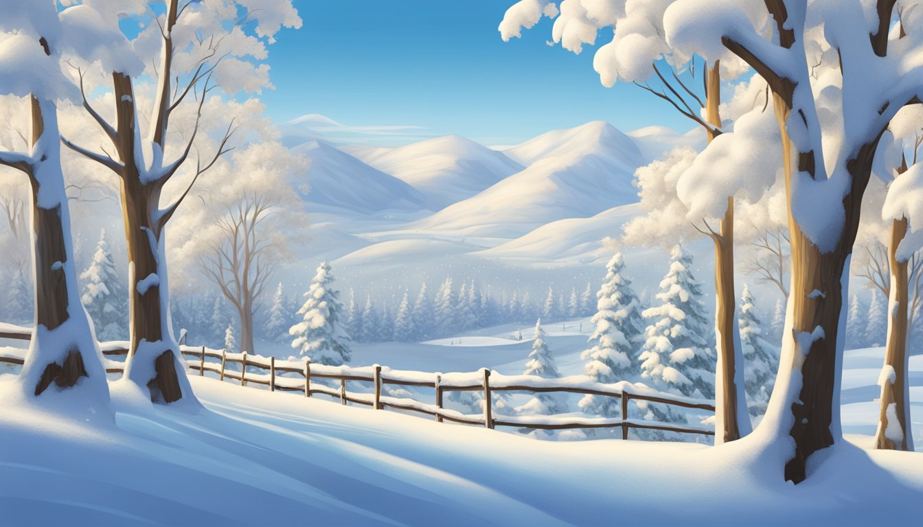 A snowy landscape with a prominent "megmilk snow brand" logo displayed on a large sign in the center. Snow-covered trees and a clear blue sky complete the scene
