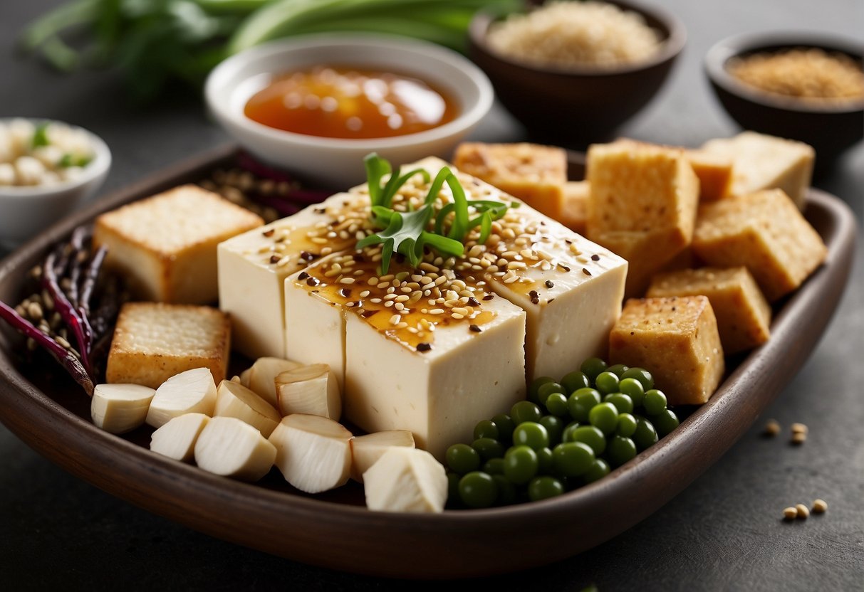 A variety of sauces and seasonings surround a block of tofu, including soy sauce, sesame oil, ginger, garlic, and green onions