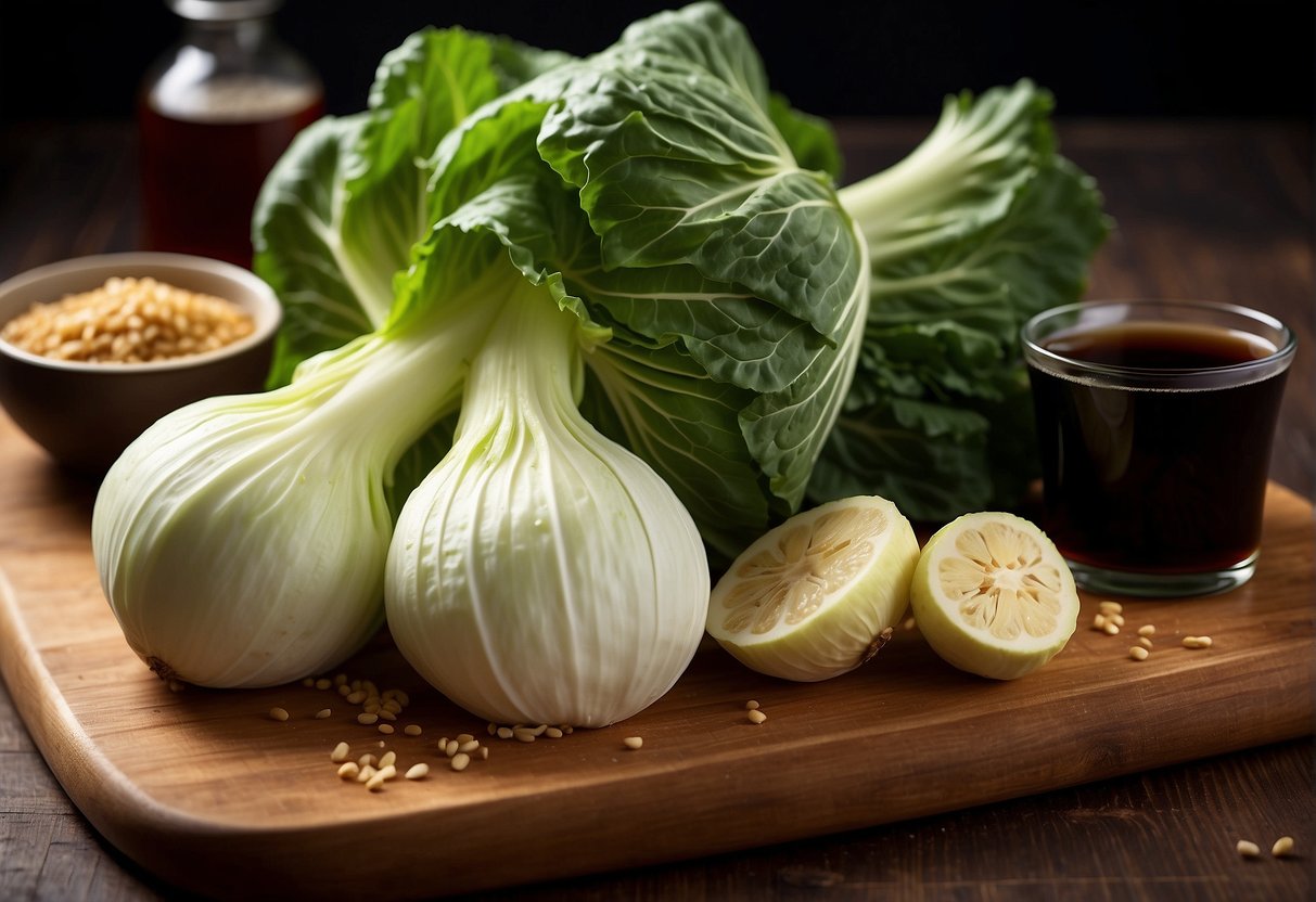A Chinese cabbage sits on a wooden cutting board, surrounded by traditional Chinese cooking ingredients like soy sauce, garlic, and ginger