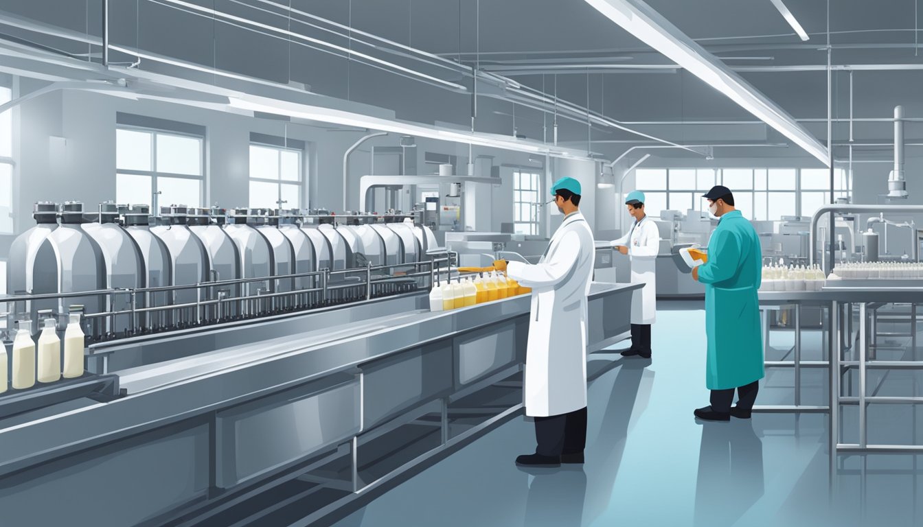 Machinery and equipment in a clean, well-lit factory, with workers in lab coats conducting quality checks on milk products