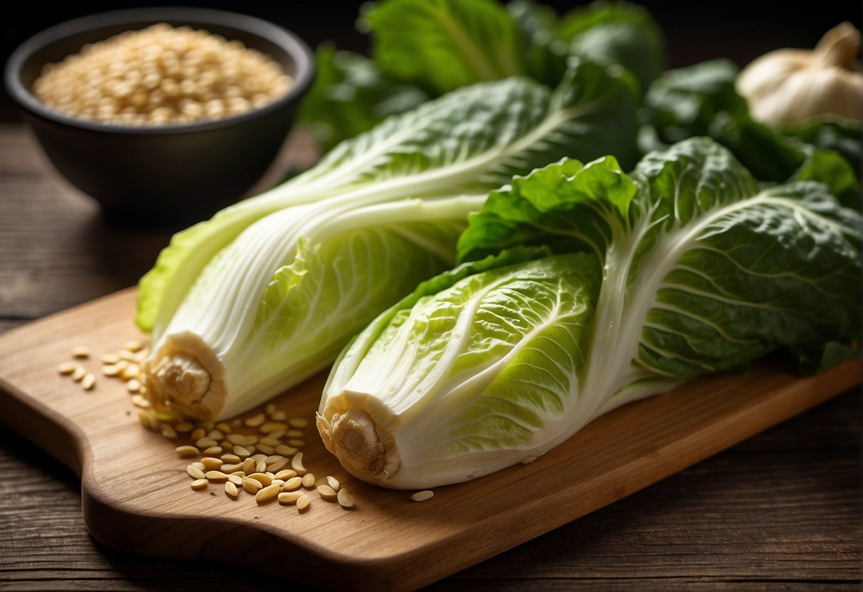 Fresh Chinese cabbage, soy sauce, garlic, ginger, and sesame oil arranged on a wooden cutting board