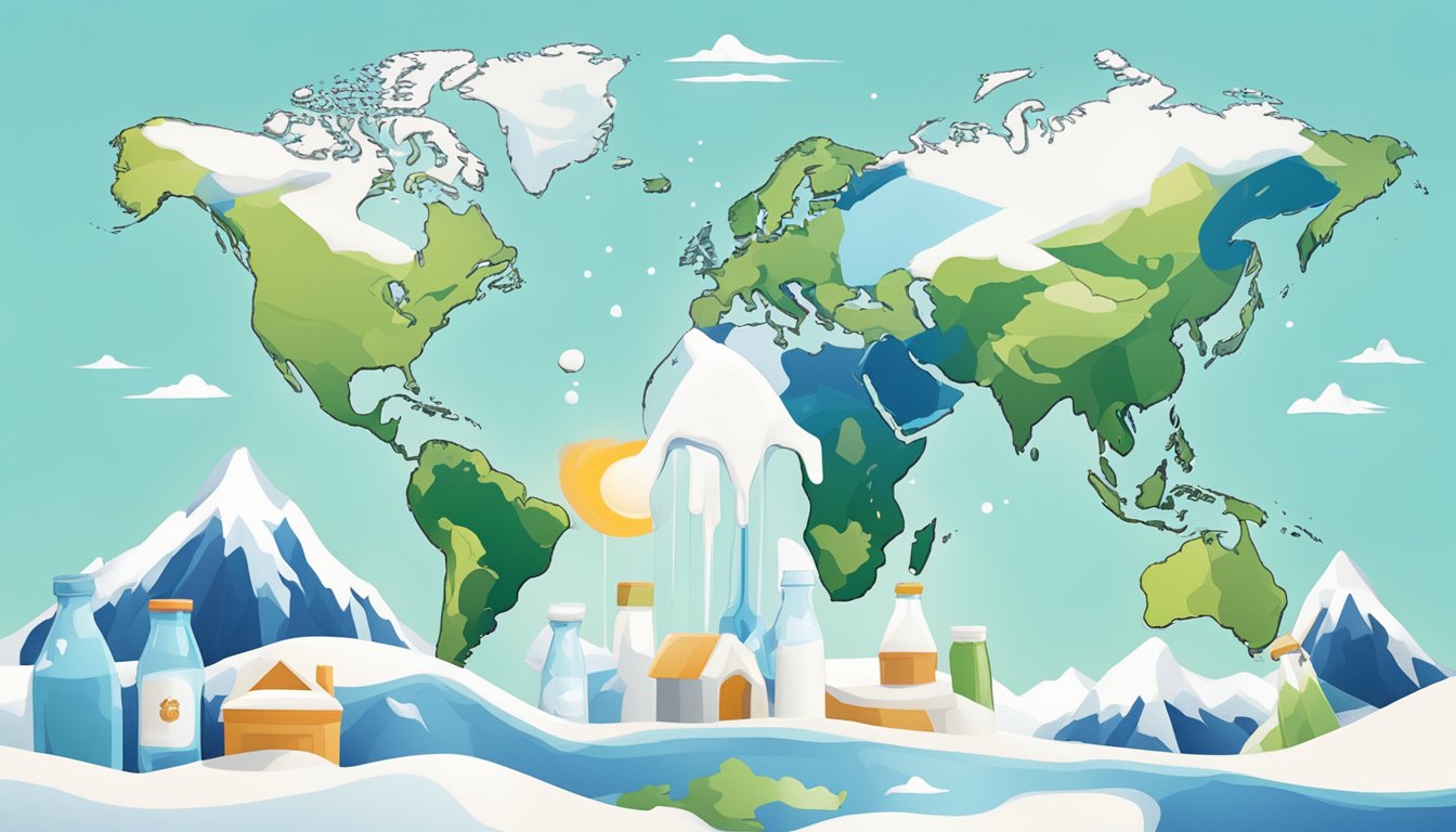 A world map with highlighted regions, snow-capped mountains, and a milk bottle with the "megmilk snow" logo in the foreground
