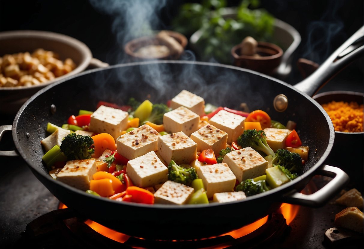 Tofu sizzling in a hot wok, surrounded by colorful vegetables and aromatic spices. Steam rising as it cooks, creating a mouthwatering aroma