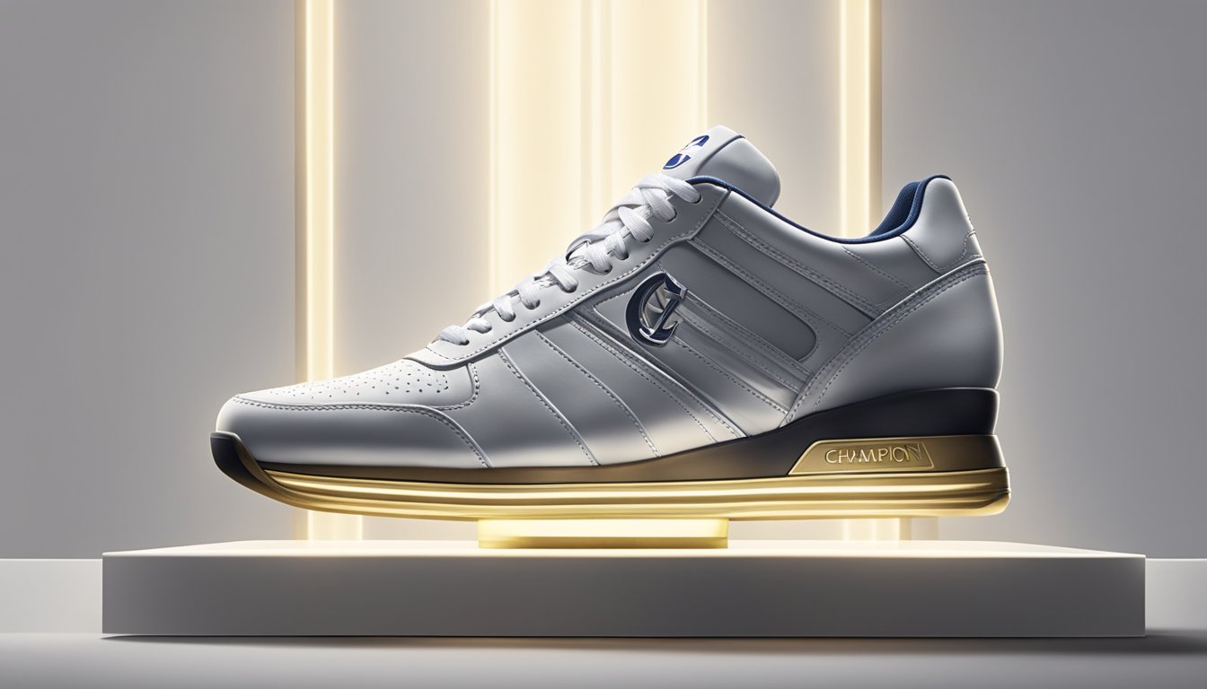 A pair of Champion brand shoes stands proudly on a pedestal, surrounded by a halo of light, showcasing the legacy and quality of the iconic footwear brand