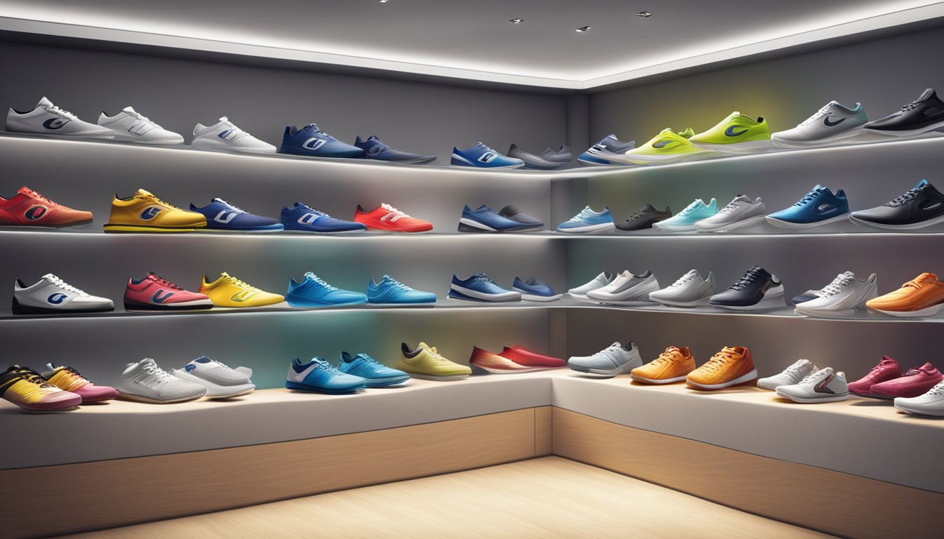 A display of Champion brand shoes, arranged in a showcase, with bright lighting to highlight their features
