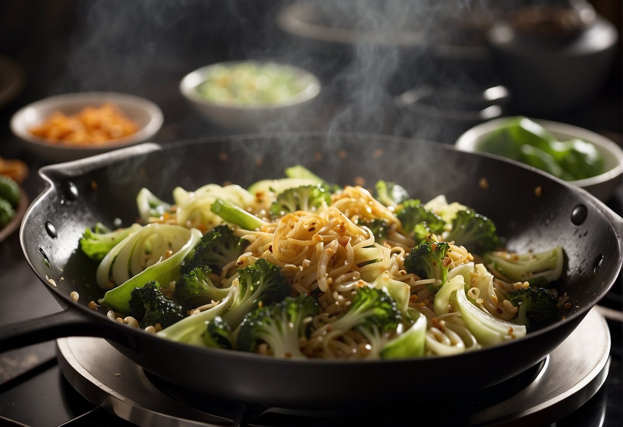 A wok sizzles as cabbage is stir-fried with garlic and ginger. Soy sauce and sesame oil are added, creating a savory aroma