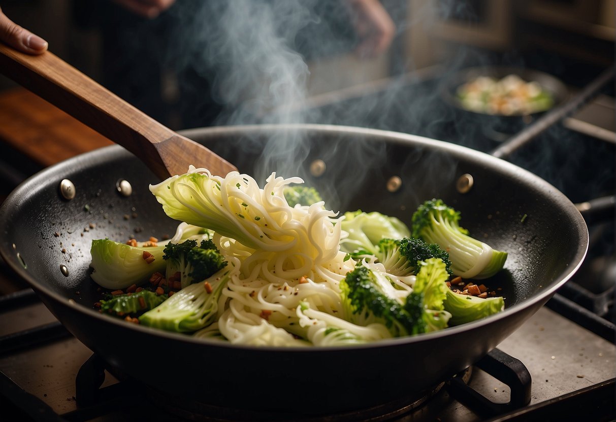 A wok sizzles as Chinese cabbage is stir-fried with ginger, garlic, and soy sauce. Steam rises from the pan, filling the kitchen with savory aromas
