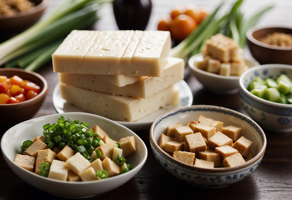 A table filled with various ingredients like tofu, soy sauce, ginger, and green onions. A stack of recipe books open to "Frequently Asked Questions Chinese Tofu Recipes."