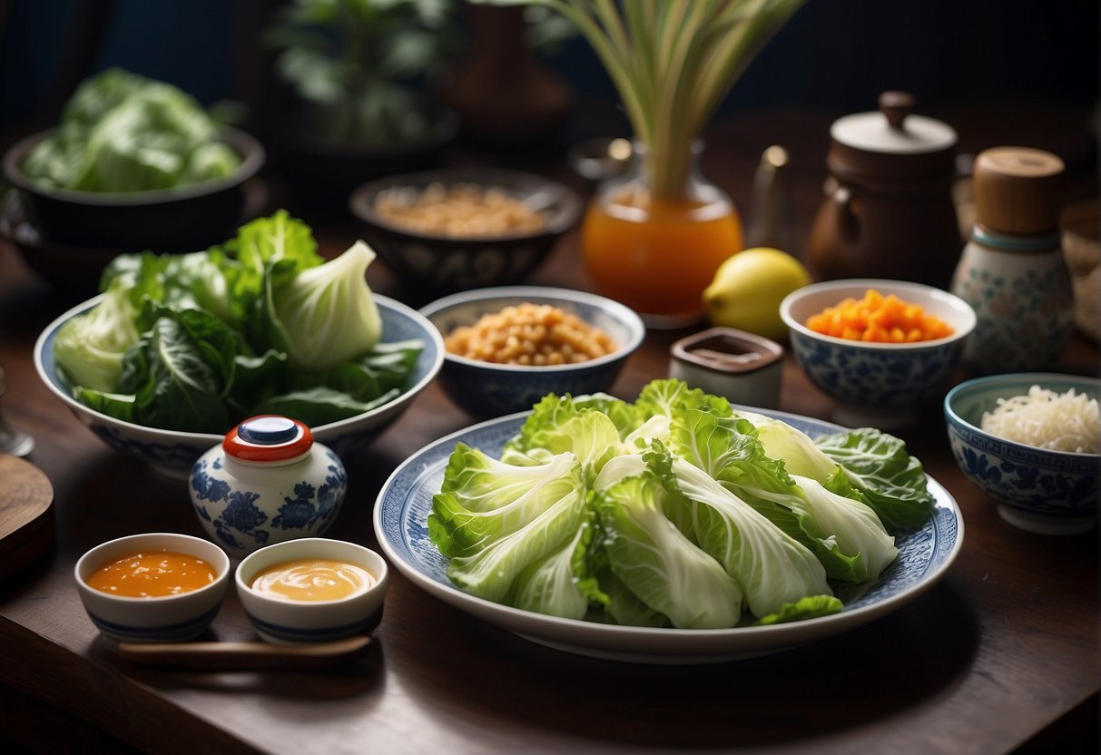 A table set with various Chinese cabbage dishes, accompanied by traditional condiments and serving utensils