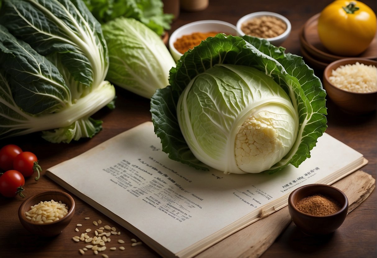 A pile of Chinese cabbage surrounded by various ingredients and cooking utensils, with a recipe book open to a page titled "Frequently Asked Questions cabbage recipes chinese style."