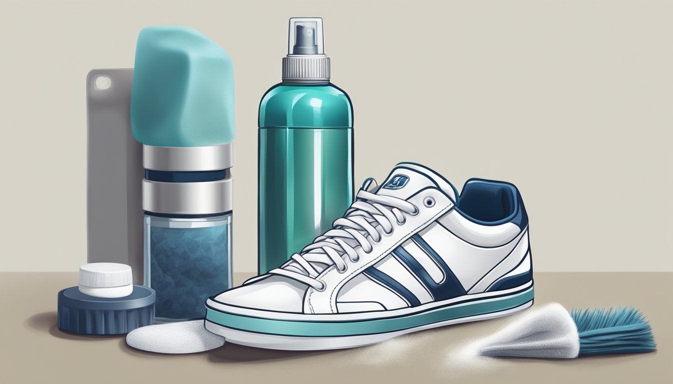 A pair of Champion sneakers being gently cleaned and polished with a soft cloth and a bottle of shoe cleaner, sitting on a clean and organized surface