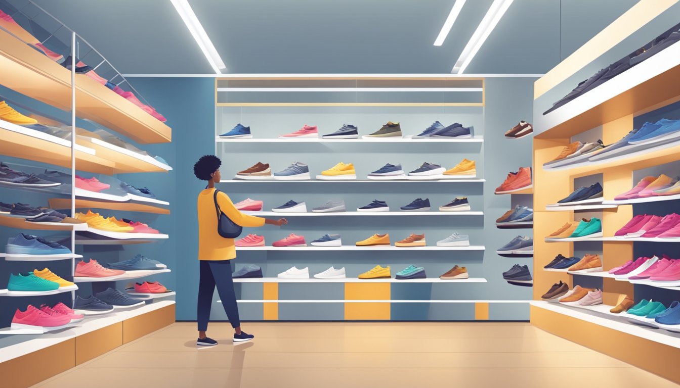 A customer effortlessly selects and purchases champion brand shoes in a modern, well-lit store with a sleek and organized display