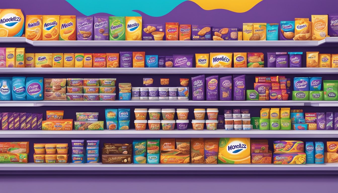 A colorful array of Mondelez International brands displayed on shelves in a vibrant grocery store setting