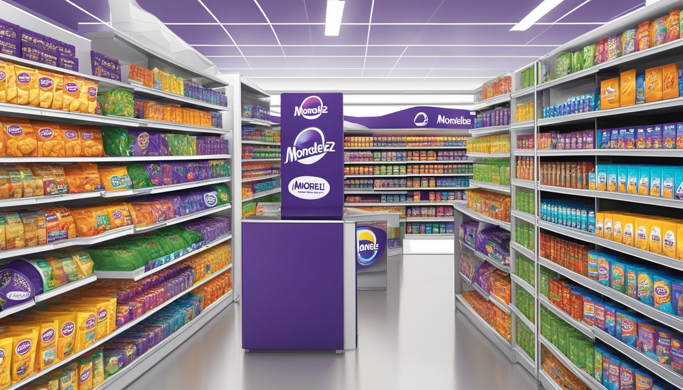 Mondelez International brands displayed on shelves in a modern corporate setting