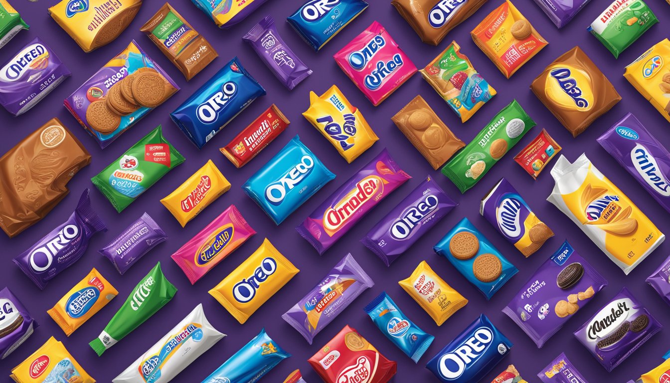 A diverse array of iconic consumer brands, such as Oreo, Cadbury, and Trident, are displayed in a global brand portfolio for Mondelez International