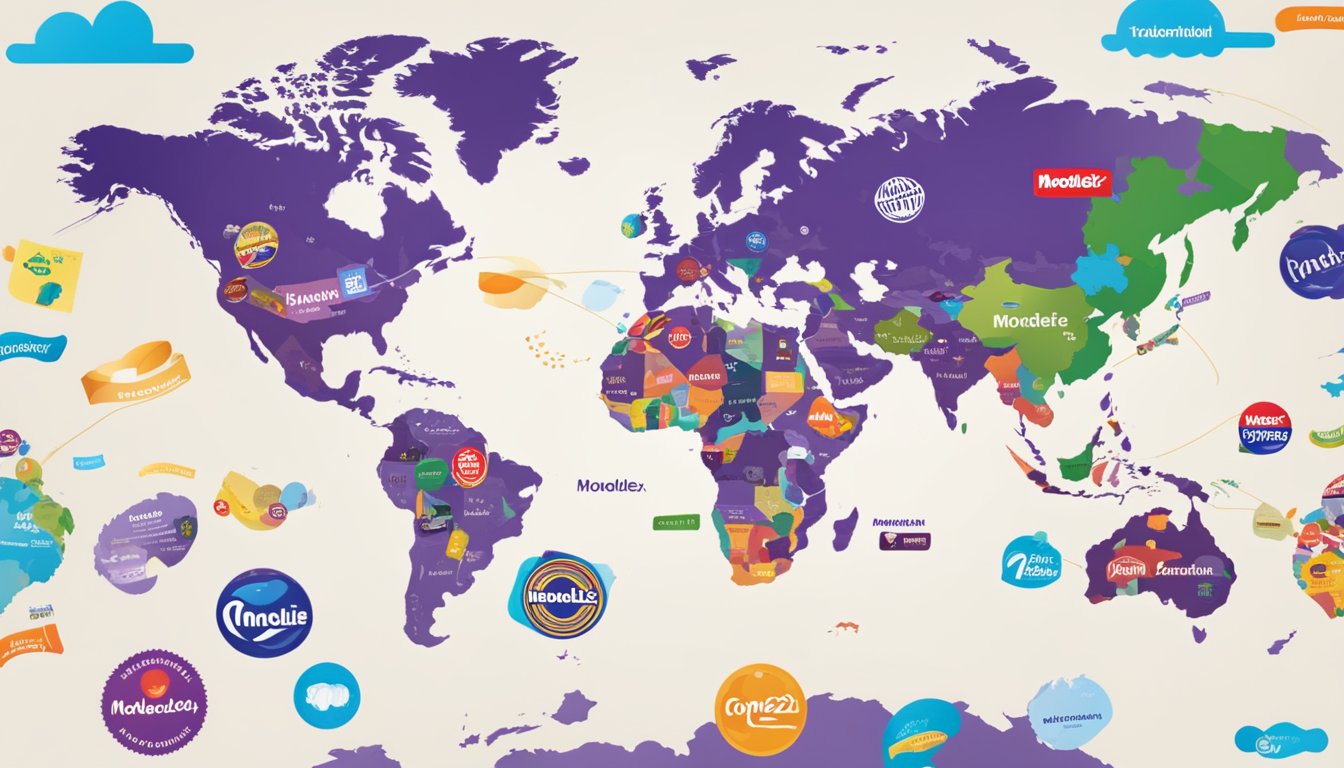 A world map with various Mondelez International brand logos scattered across different continents