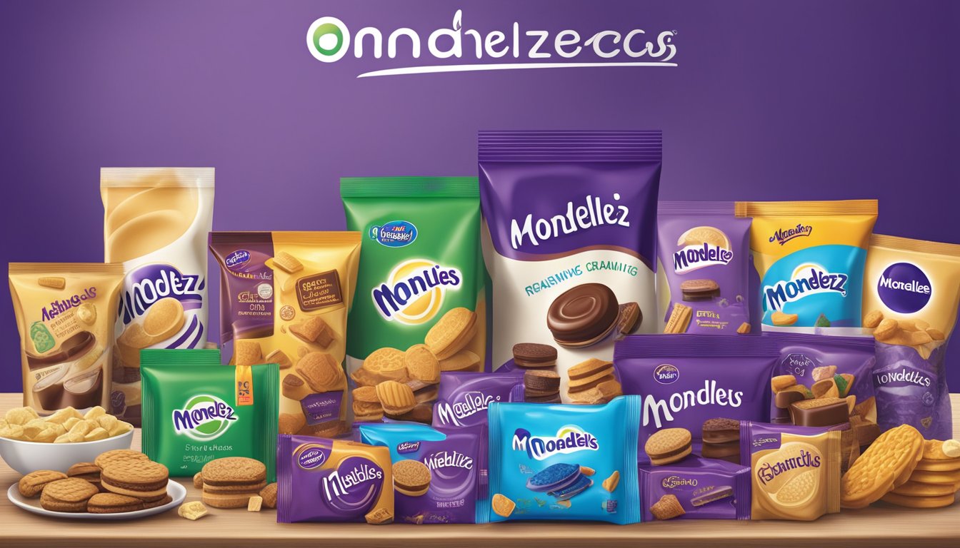 A table with various Mondelez International brand products arranged neatly, with logos visible. Bright lighting highlights the packaging